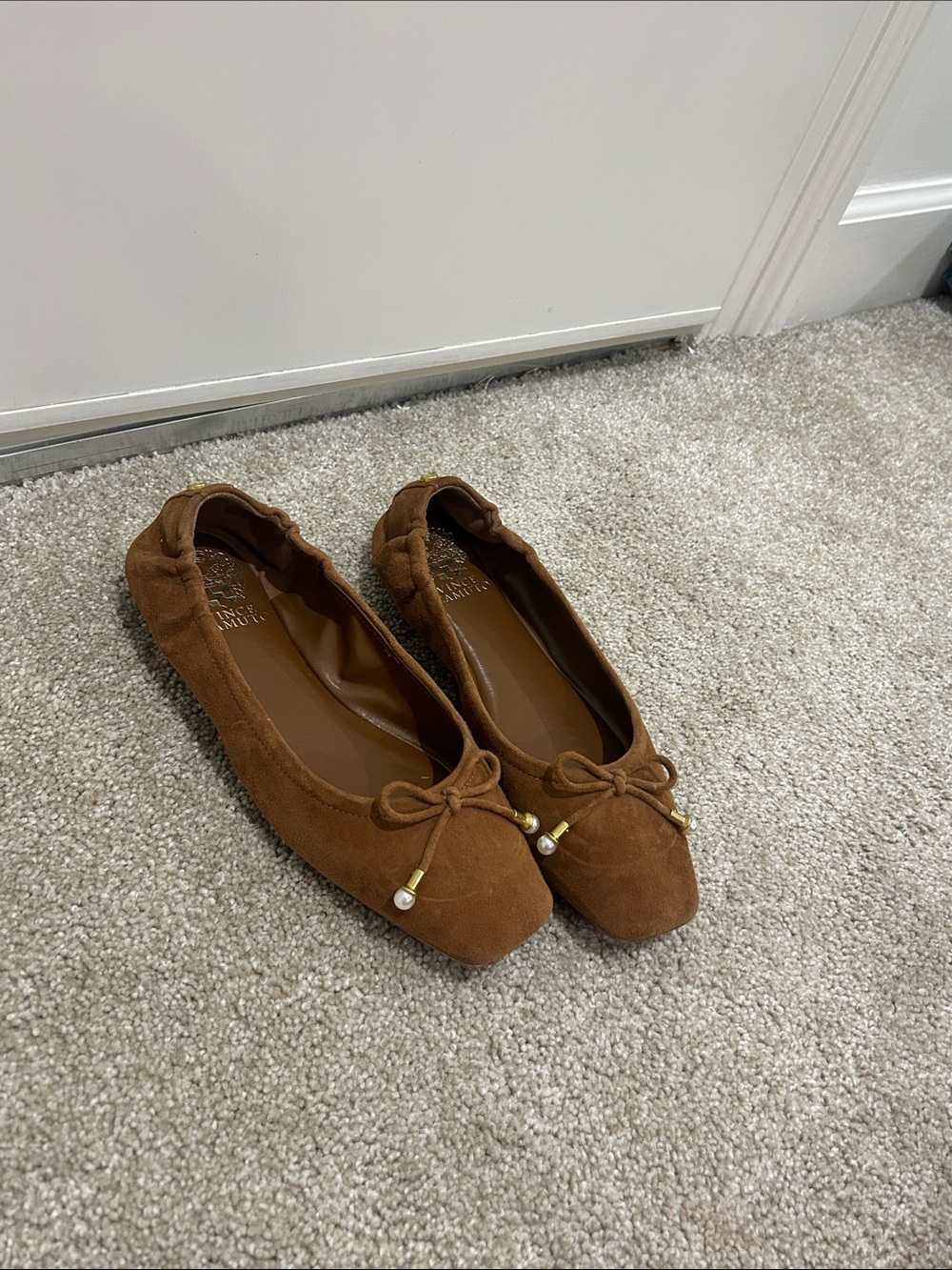 Vince Camuto Chestnut Suede Square-Toe Ballet Flats with Bow & Pearl Tips